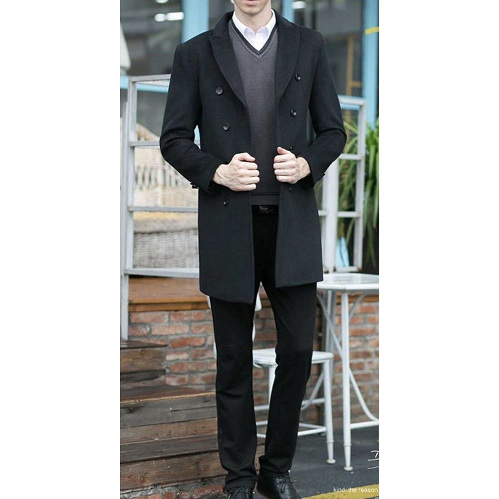 Lavnis Black Pea Coat Slim Double Breast Wool Business Jacket NWT Men XL TT